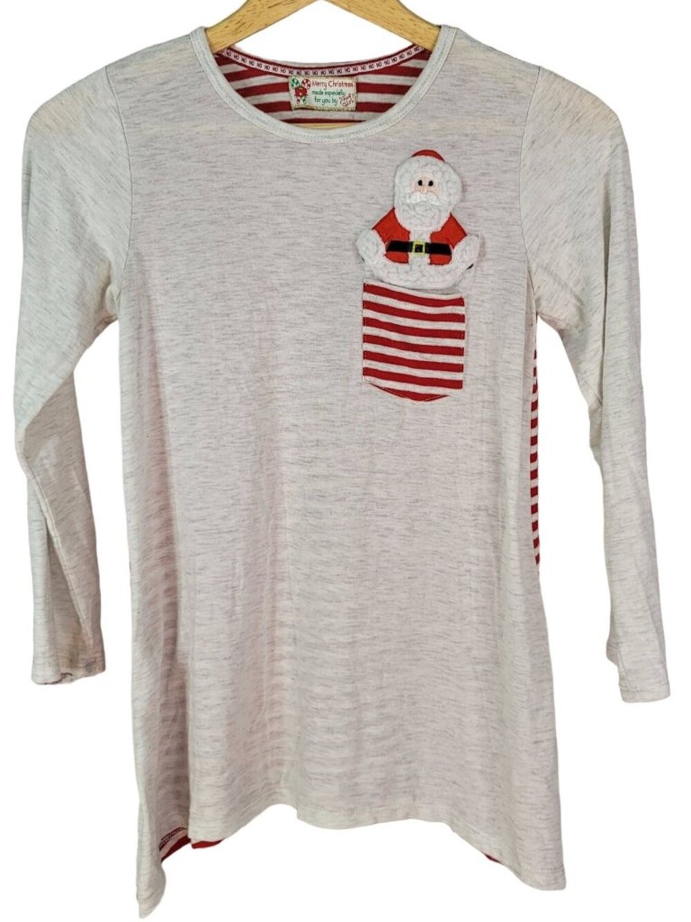 Poof! Girl Christmas Top Cream Size XL Roll Tab Sleeves Stripes 3D Pocket Santa